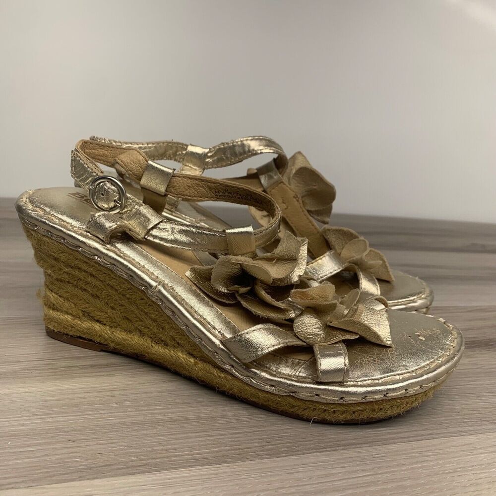 Womens Born Flowers Espadrille Platform Wedge Sandal 8 / 39‎ Gold Leather Shoes